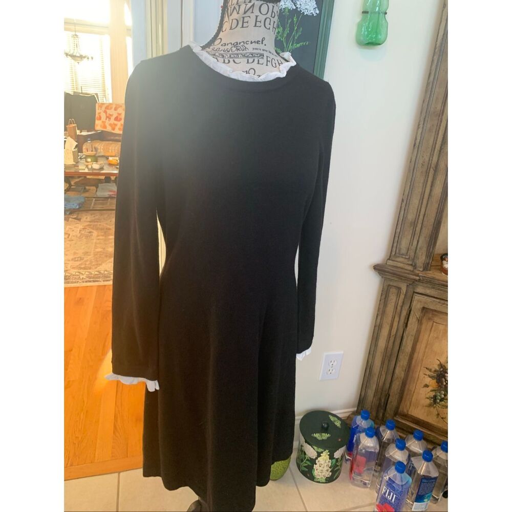 Tahari Black Wool Blend White Ruffle Sleeve Sweater Dress